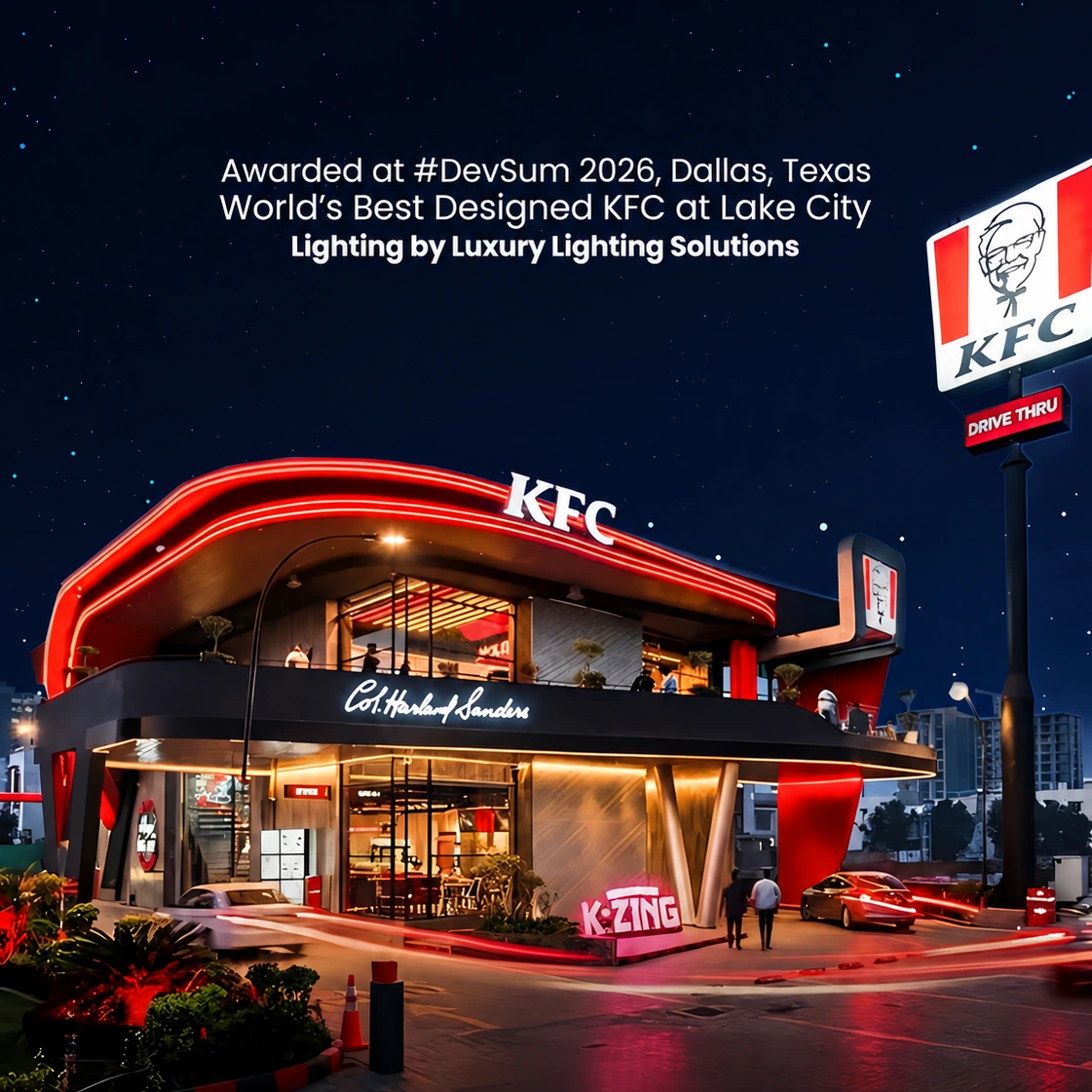 KFC Lake City at night, lit by Luxury Lighting Solutions